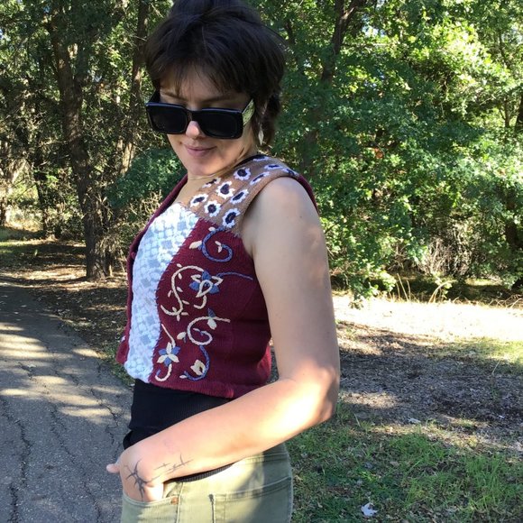 Vintage womens sweater vest M knit patchwork mix pattern button v-neck 80s 90s - Picture 3 of 13